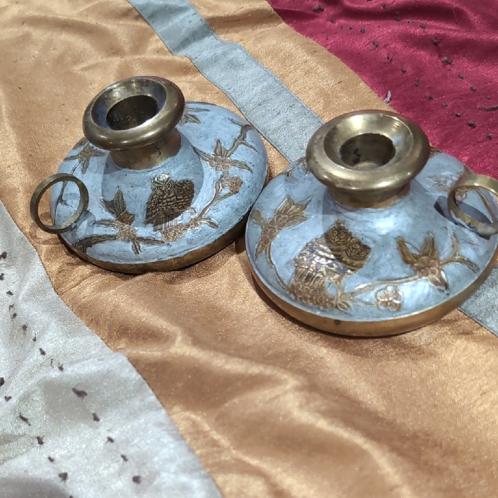 Brass And Enamel Owl Candlestick Holders